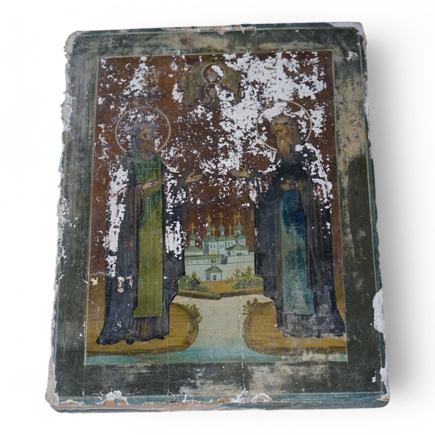 A 19th century Russian or Greek Icon panel, 17cm high. Condition - paint flaking